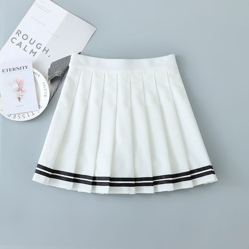 Elevated Waistband Striped Mini Pleat Skirt