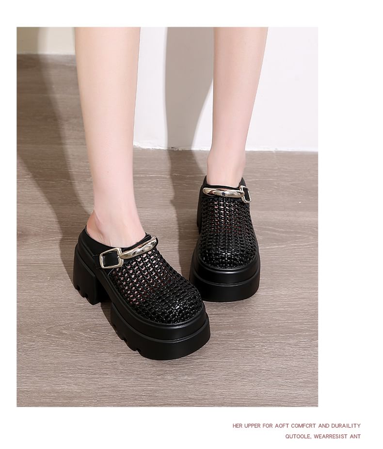 Platform Woven Buckled Mules
