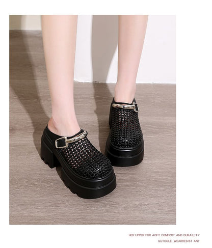 Platform Woven Buckled Mules