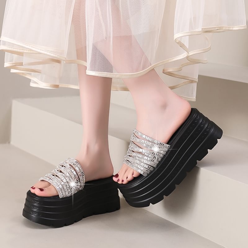 Platform Rhinestone Slide Sandals