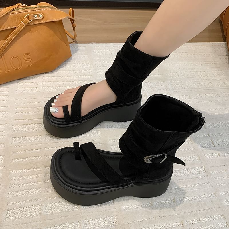 Platform Buckled Faux Suede Boot Sandals