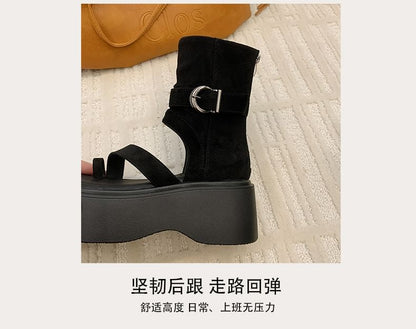Platform Buckled Faux Suede Boot Sandals