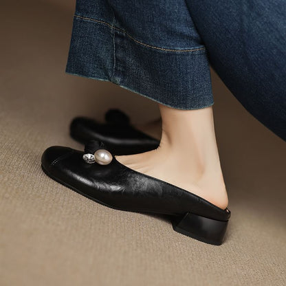Faux Leather Faux Pearl Detail Mules