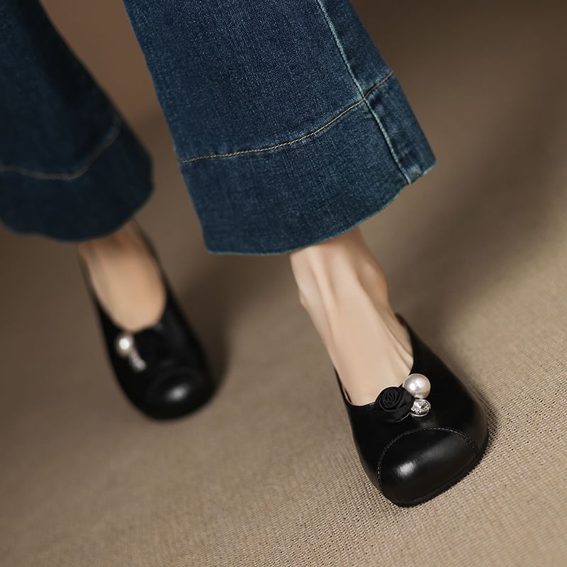 Faux Leather Faux Pearl Detail Mules