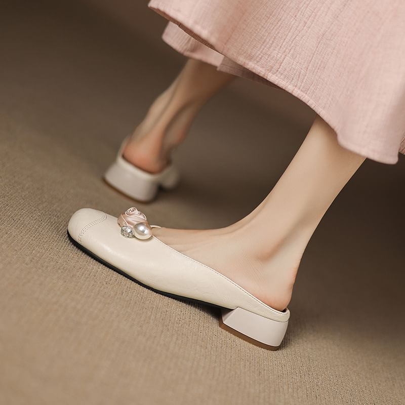 Faux Leather Faux Pearl Detail Mules