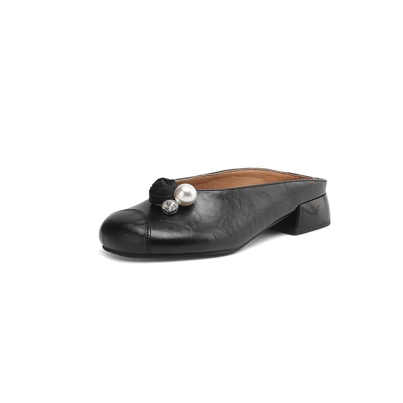 Faux Leather Faux Pearl Detail Mules