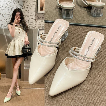 Chunky Heel Pointed Toe Rhinestone Strap Faux Leather Mules
