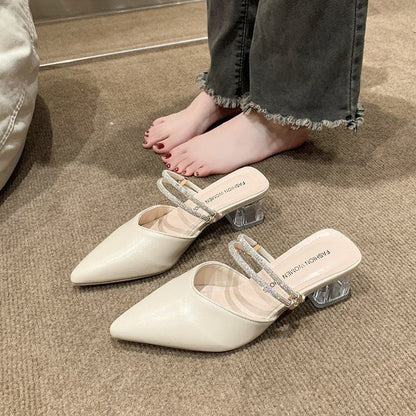Chunky Heel Pointed Toe Rhinestone Strap Faux Leather Mules