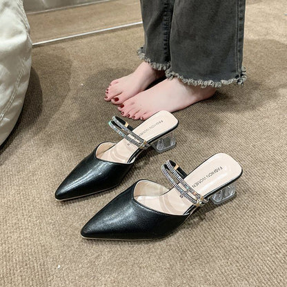 Chunky Heel Pointed Toe Rhinestone Strap Faux Leather Mules