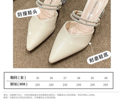 Chunky Heel Pointed Toe Rhinestone Strap Faux Leather Mules