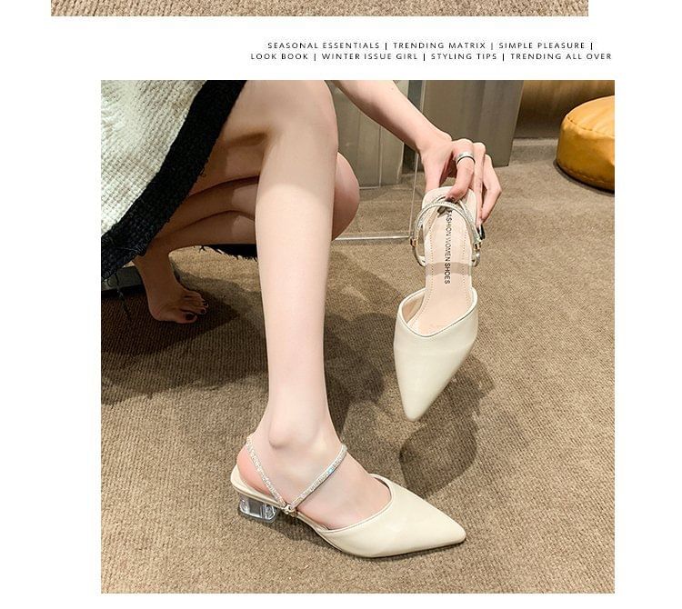 Chunky Heel Pointed Toe Rhinestone Strap Faux Leather Mules