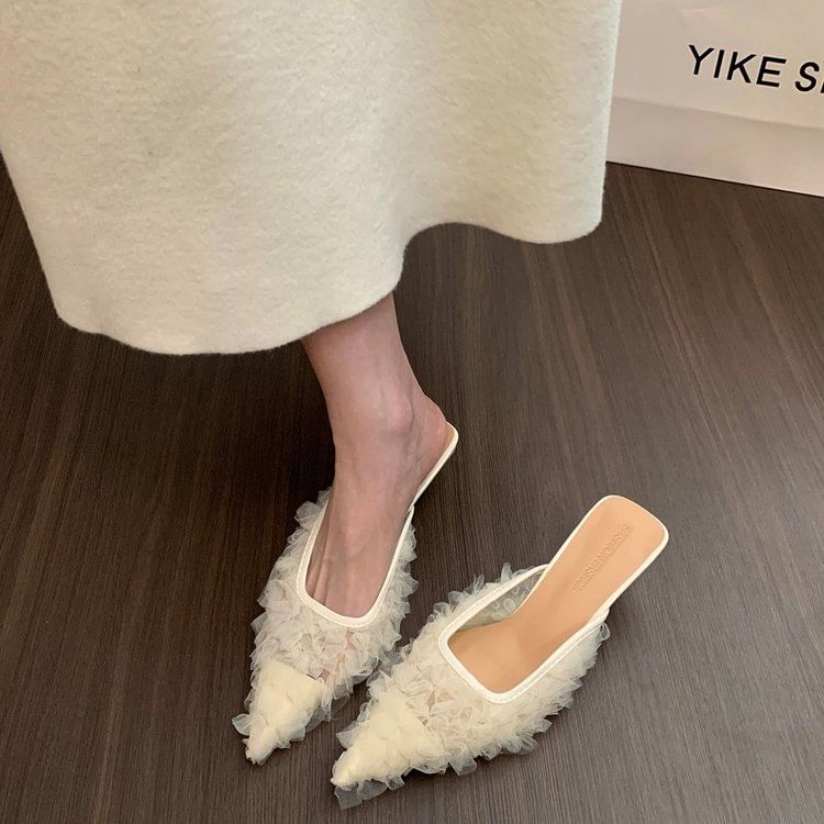 Kitten Heel Pointed Toe Mesh Mules