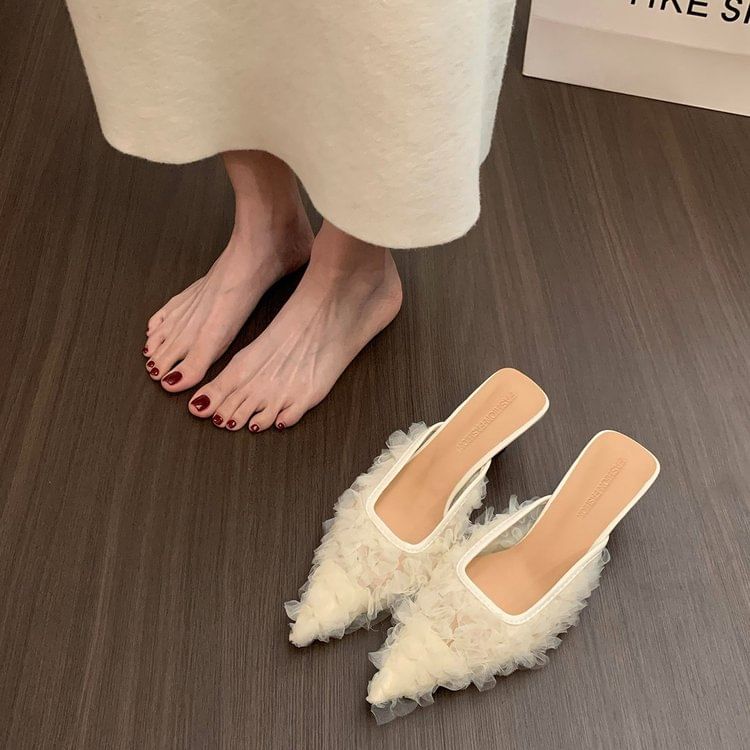 Kitten Heel Pointed Toe Mesh Mules