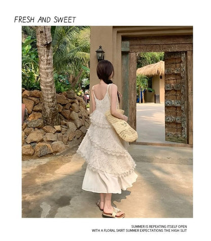 Lace Tiered V-Neck Spaghetti Strap A-Line Maxi Dress