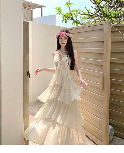 Ruched Halter Neck Tiered Maxi Dress