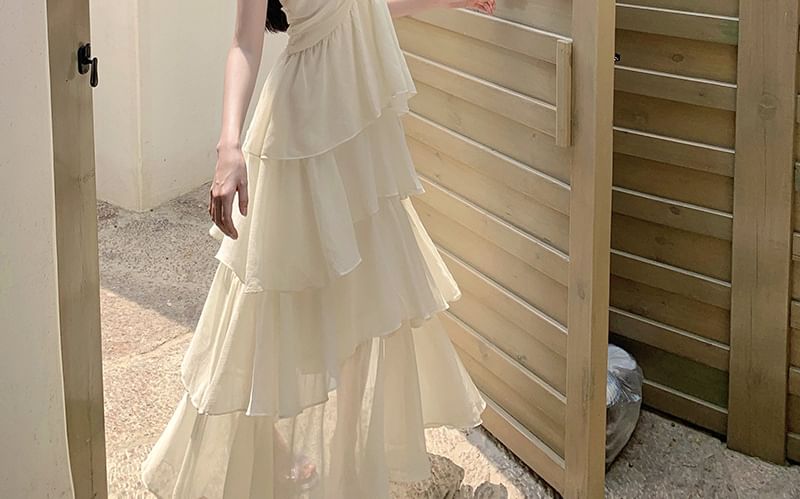 Ruched Halter Neck Tiered Maxi Dress