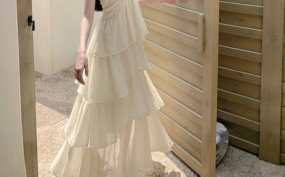 Ruched Halter Neck Tiered Maxi Dress