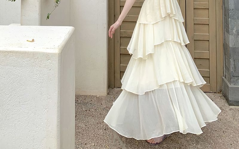 Ruched Halter Neck Tiered Maxi Dress