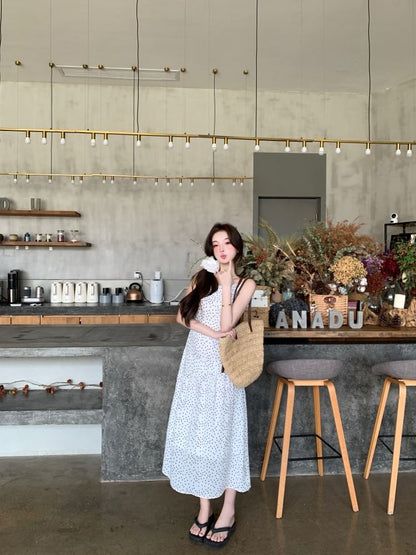 Dotted Cowl Neck Spaghetti Strap A-Line Maxi Dress