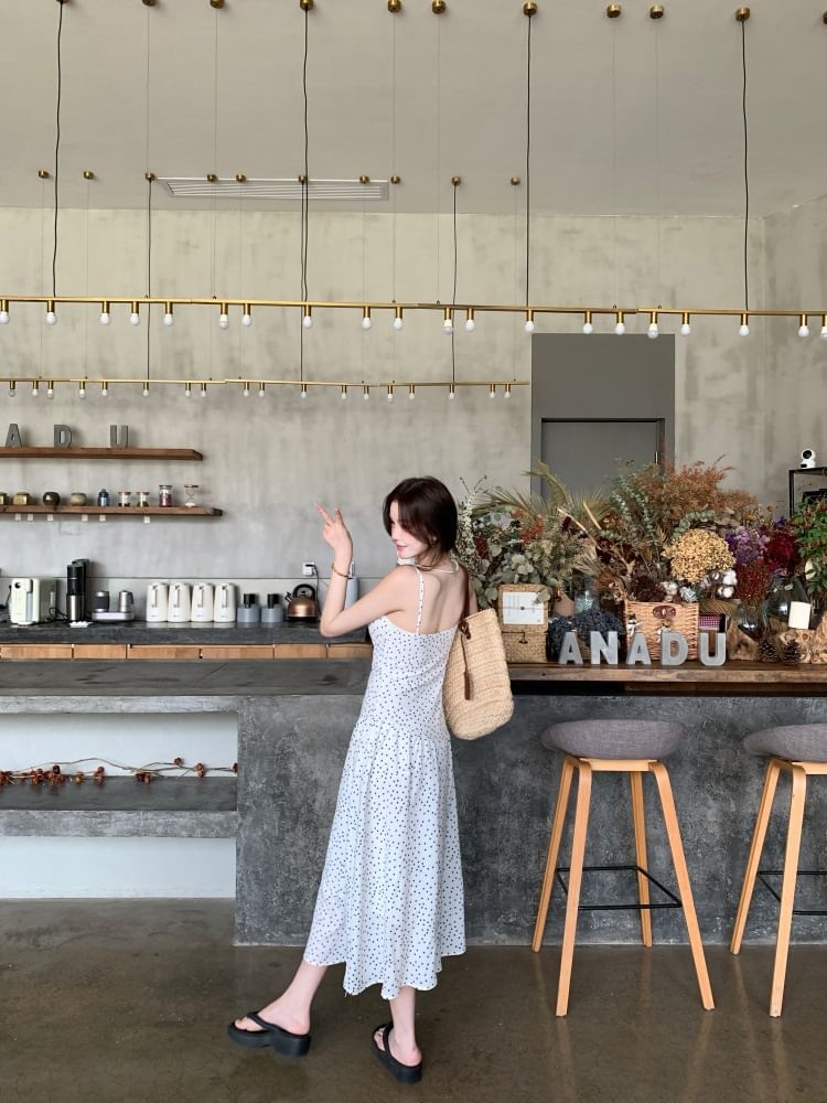 Dotted Cowl Neck Spaghetti Strap A-Line Maxi Dress