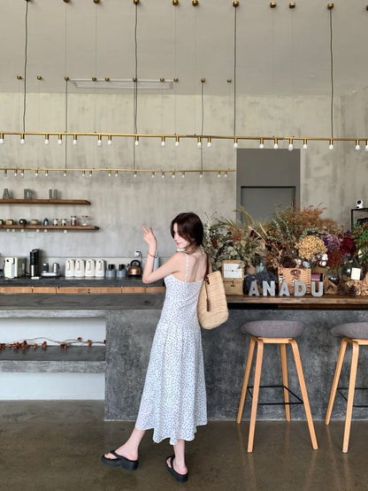 Dotted Cowl Neck Spaghetti Strap A-Line Maxi Dress