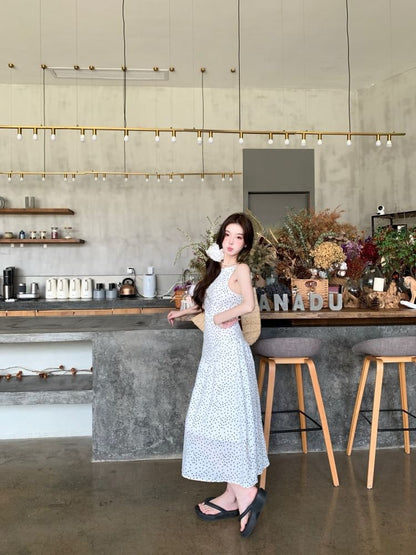 Dotted Cowl Neck Spaghetti Strap A-Line Maxi Dress