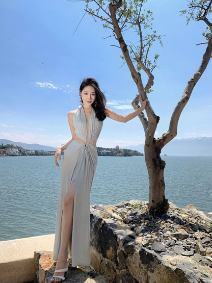 Cutout Slit Halter V-Neck A-Line Maxi Dress