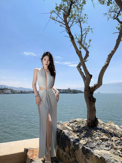 Cutout Slit Halter V-Neck A-Line Maxi Dress