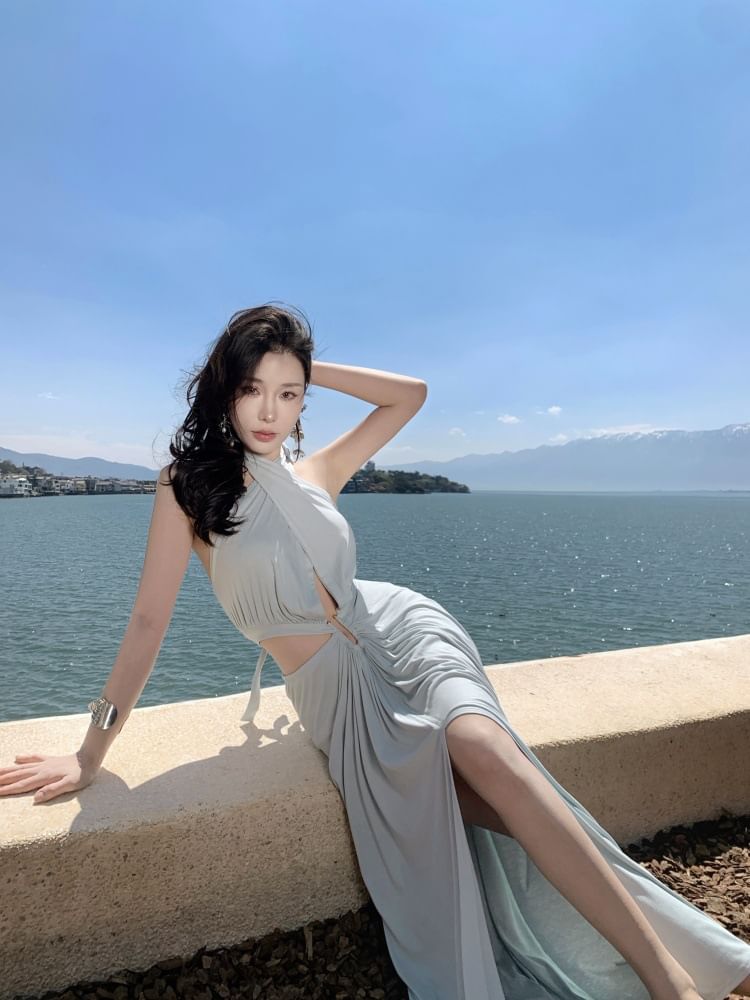 Cutout Slit Halter V-Neck A-Line Maxi Dress