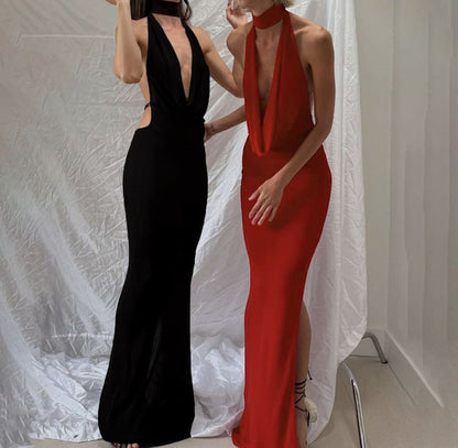 Cowl Neck Halter Open Back Slit Bodycon Maxi Dress