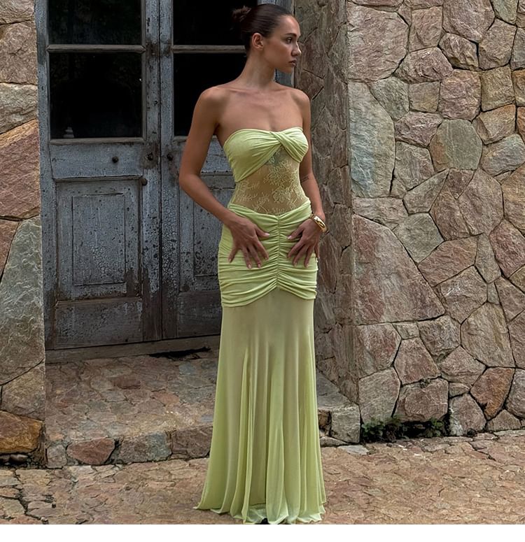 Ruched Lace Panel Tube Sheath Maxi Dress