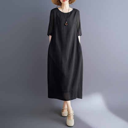 Crewneck Elbow-Sleeve Plain Shift Maxi Dress