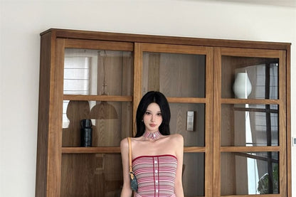 Striped Panel Halter Neck Mock Two-Piece Ruched Open Back A-Line Maxi Dress