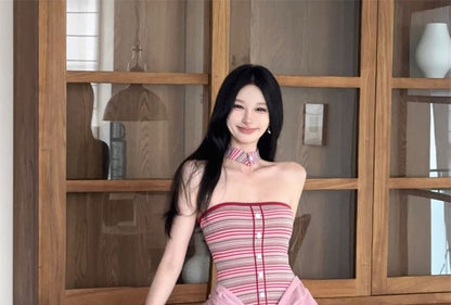 Striped Panel Halter Neck Mock Two-Piece Ruched Open Back A-Line Maxi Dress