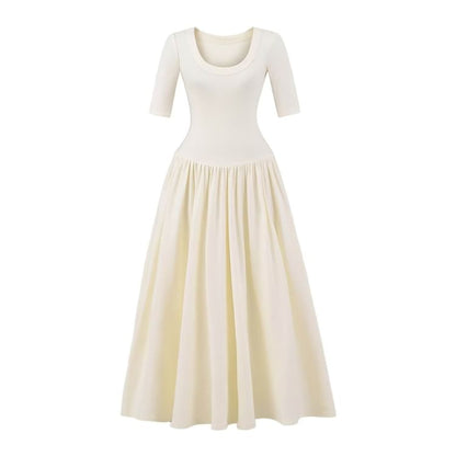 Ruched Elbow-Sleeve Scoop Neck A-Line Maxi Dress