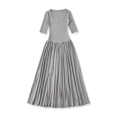 Ruched Elbow-Sleeve Scoop Neck A-Line Maxi Dress