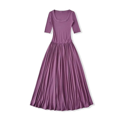 Ruched Elbow-Sleeve Scoop Neck A-Line Maxi Dress
