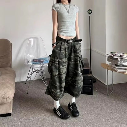Low Waist Camouflage Cargo Capri Wide Leg Pants
