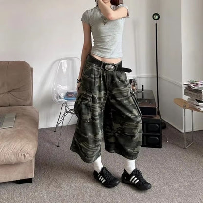 Low Waist Camouflage Cargo Capri Wide Leg Pants