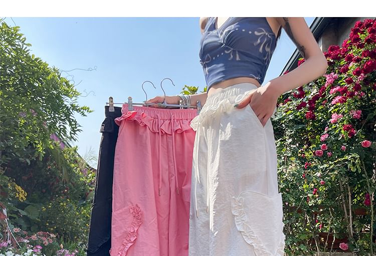 Drawstring Waist Plain Ruffle Baggy Cargo Pants