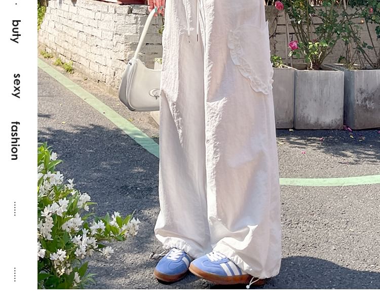 Drawstring Waist Plain Ruffle Baggy Cargo Pants