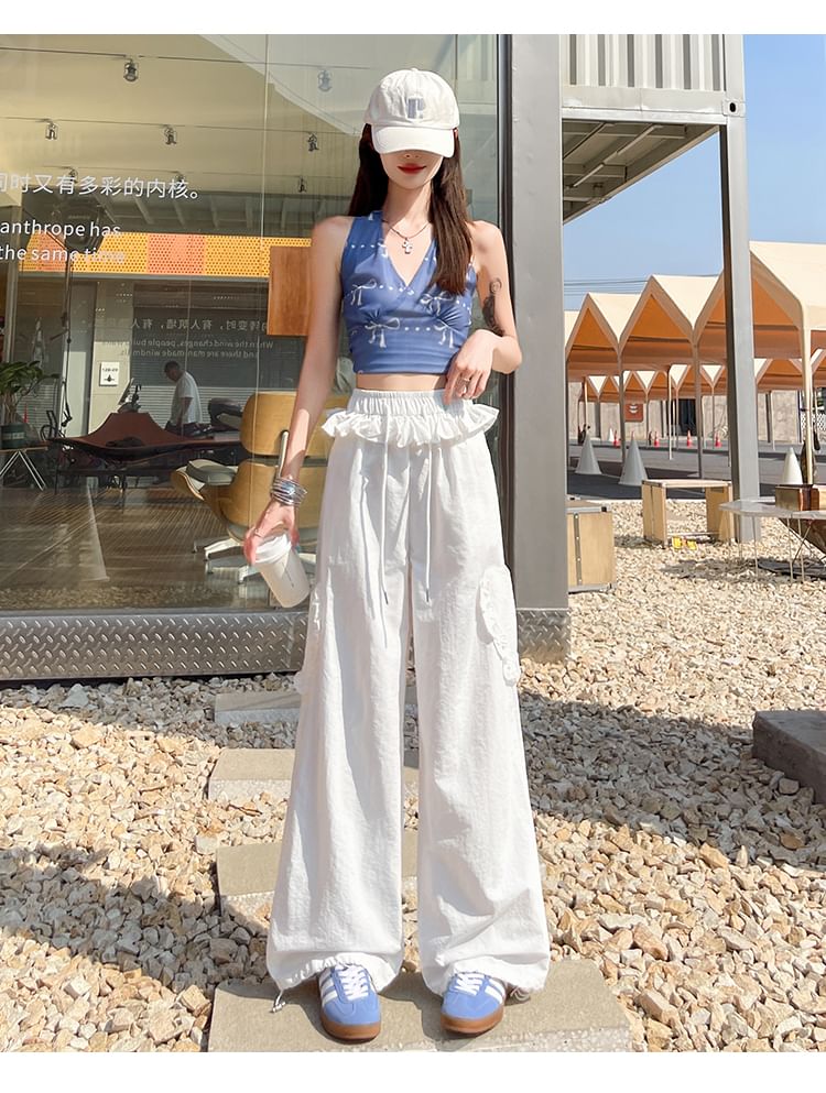 Drawstring Waist Plain Ruffle Baggy Cargo Pants