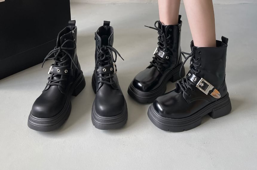Faux Leather Buckled Platform Short Boots