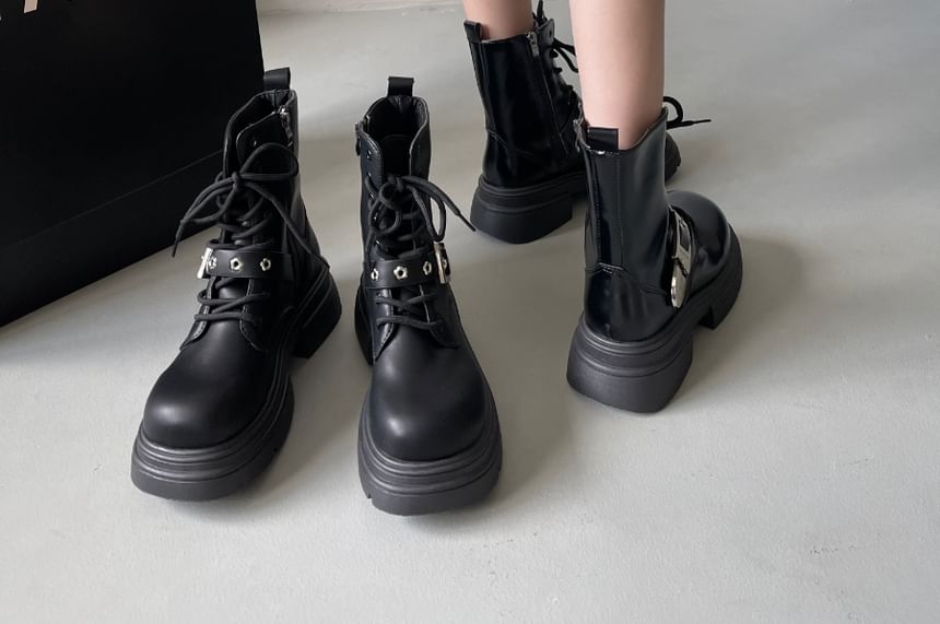 Faux Leather Buckled Platform Short Boots
