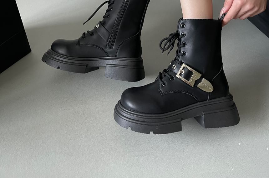 Faux Leather Buckled Platform Short Boots