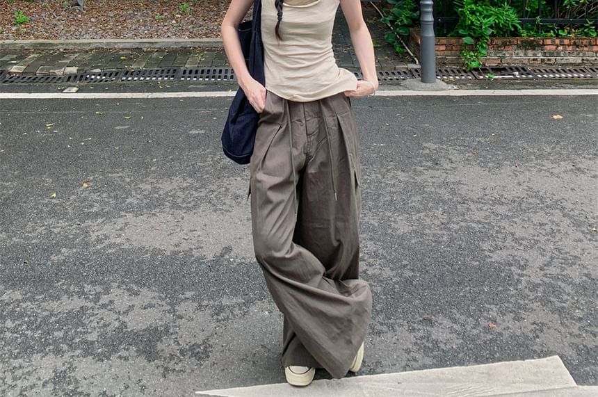 Crew Neck Mock Two Piece Asymmetrical Tank Top / Drawstring Waist Plain Baggy Cargo Pants