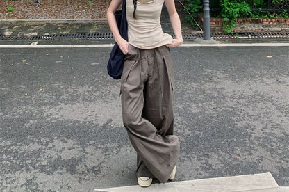 Crew Neck Mock Two Piece Asymmetrical Tank Top / Drawstring Waist Plain Baggy Cargo Pants