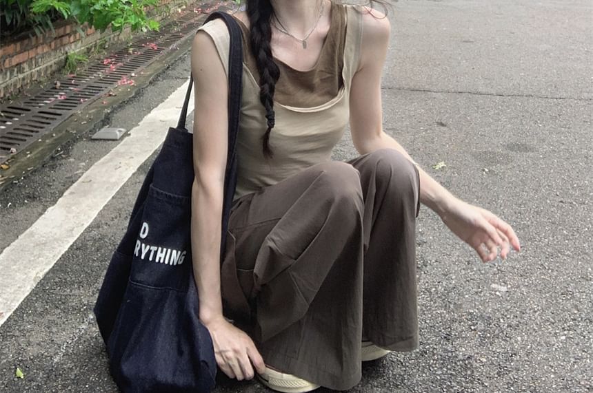 Crew Neck Mock Two Piece Asymmetrical Tank Top / Drawstring Waist Plain Baggy Cargo Pants