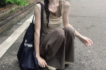 Crew Neck Mock Two Piece Asymmetrical Tank Top / Drawstring Waist Plain Baggy Cargo Pants