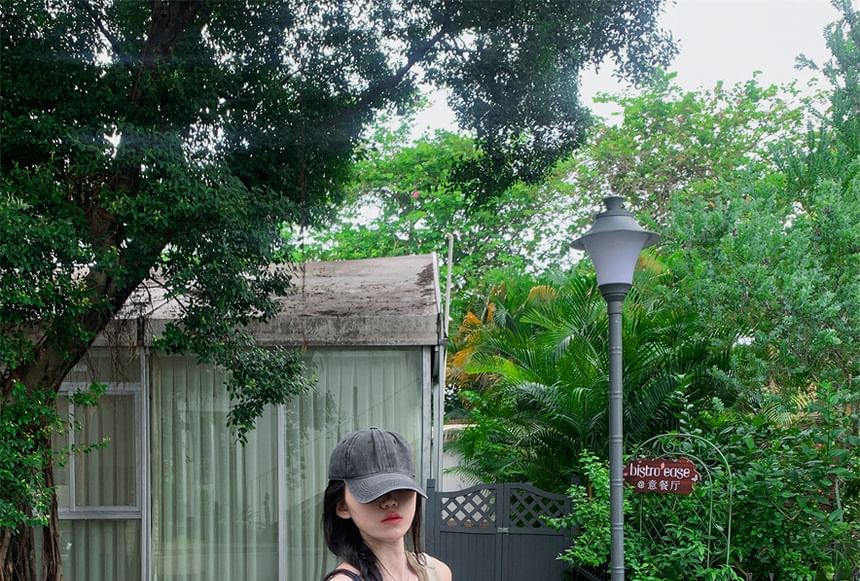 Crew Neck Mock Two Piece Asymmetrical Tank Top / Drawstring Waist Plain Baggy Cargo Pants